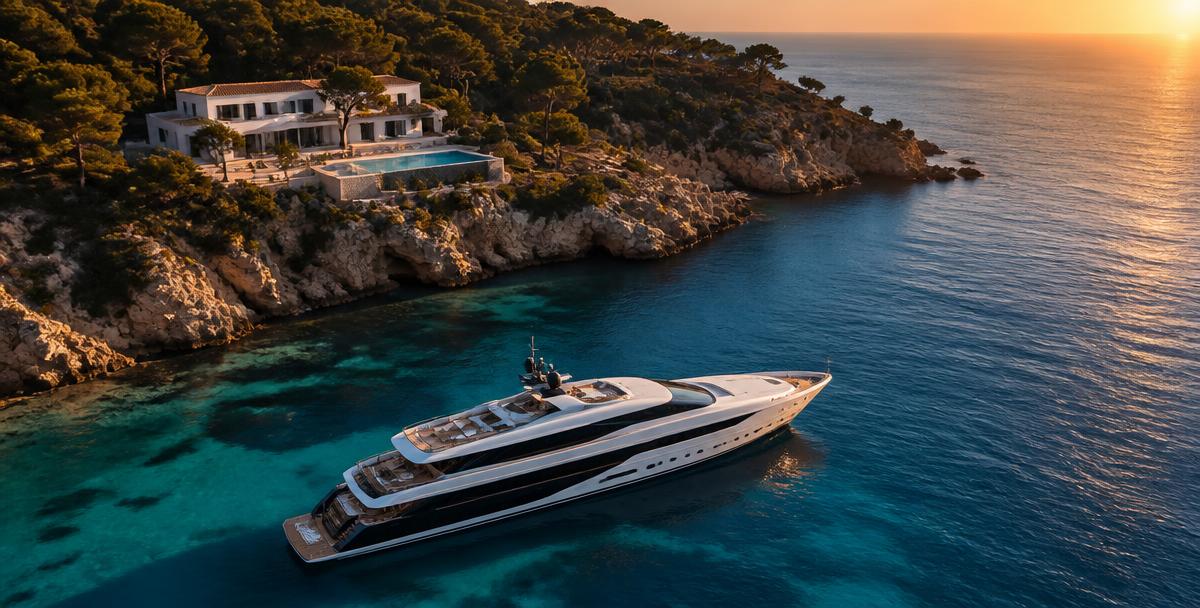 Superyacht anchored off a Balearic villa at sunset